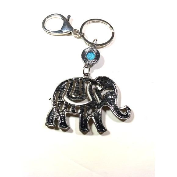 Elephant Keychain Cut Outs Blue Green Stone Silver Tone Purse Luggage Clip - Picture 8 of 8